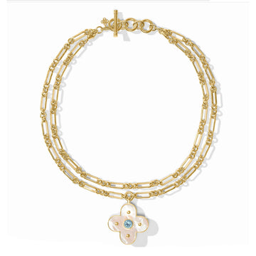 24K gold-plated double chain necklace with a mother of pearl clover pendant and central CZ stone, toggle closure.