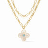 Julie Vos 24K gold-plated layered chain necklace featuring a mother of pearl clover pendant with a central CZ stone.
