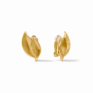 Willow clip-on earrings in 24K gold plate, featuring a sculpted, two-petal leaf design, 0.9 inches long.
