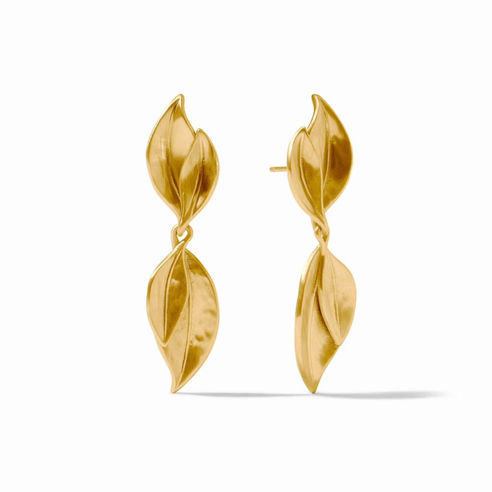 Willow Midi earrings in 24K gold plate featuring a hammered leaf design, 2 inches long with post backs.