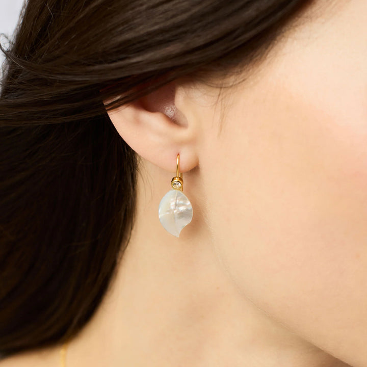 Willow Mother of Pearl drop earring in 24k gold vermeil with an accent crystal on a hook wire.