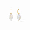 Willow leaf-shaped mother of pearl earrings in 24k gold vermeil with accent crystals on hook wires.
