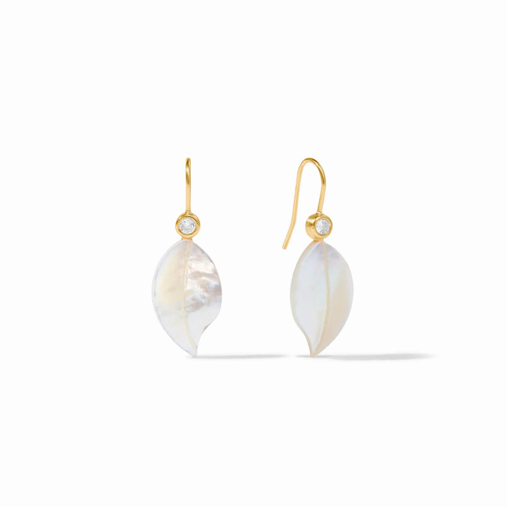 Willow leaf-shaped mother of pearl earrings in 24k gold vermeil with accent crystals on hook wires.
