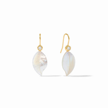 Willow leaf-shaped mother of pearl earrings in 24k gold vermeil with accent crystals on hook wires.