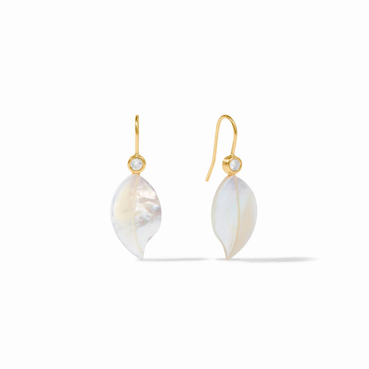 Willow leaf-shaped mother of pearl earrings in 24k gold vermeil with accent crystals on hook wires.