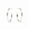 A pair of textured silver hoop earrings with a hammered finish, displayed on a clean white background.