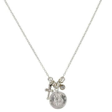 Silver chain necklace featuring a St. Christopher medal, small cross, and crystal charm.

