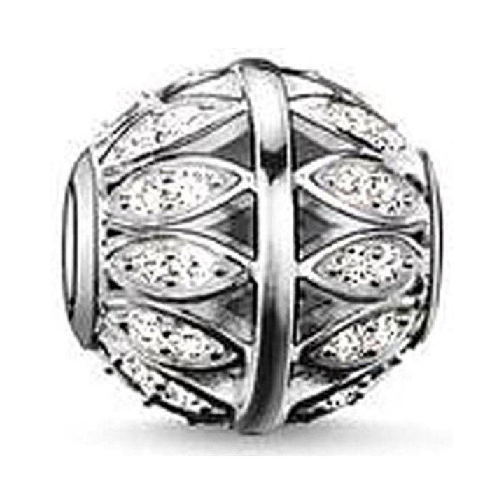 Karma Bead Bead Leaves: Silver charm bead with leaf-shaped detailing and sparkling accents.
