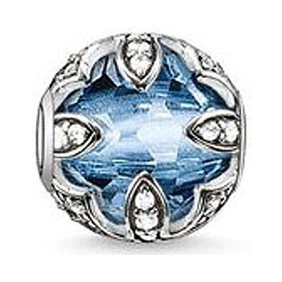 Karma Bead Lotus Blue bead: Silver charm with blue crystal & clear cubic zirconia.
