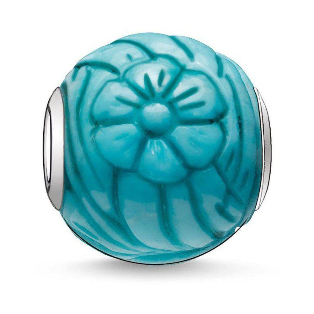 Karma Bead Sunflower: Teal turquoise flower bead with silver accents.
