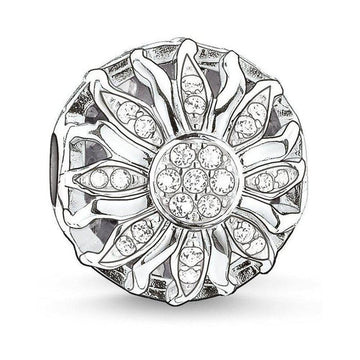 Karma Bead Sunshine: Silver charm featuring a sparkling cubic zirconia sunflower design.
