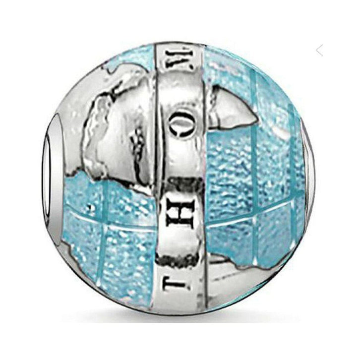 Karma Bead Wonderful World: Silver charm bead, light blue globe design.
