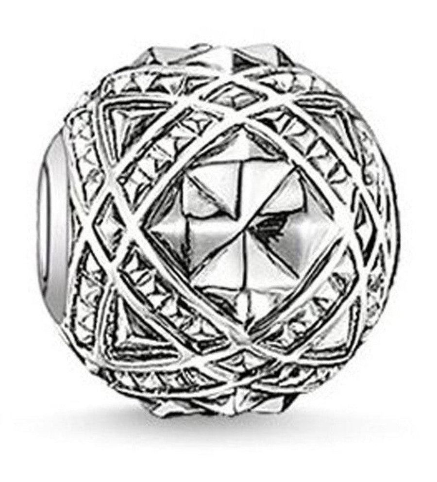 Silver Karma Bead Zig Zag charm with intricate geometric design.
