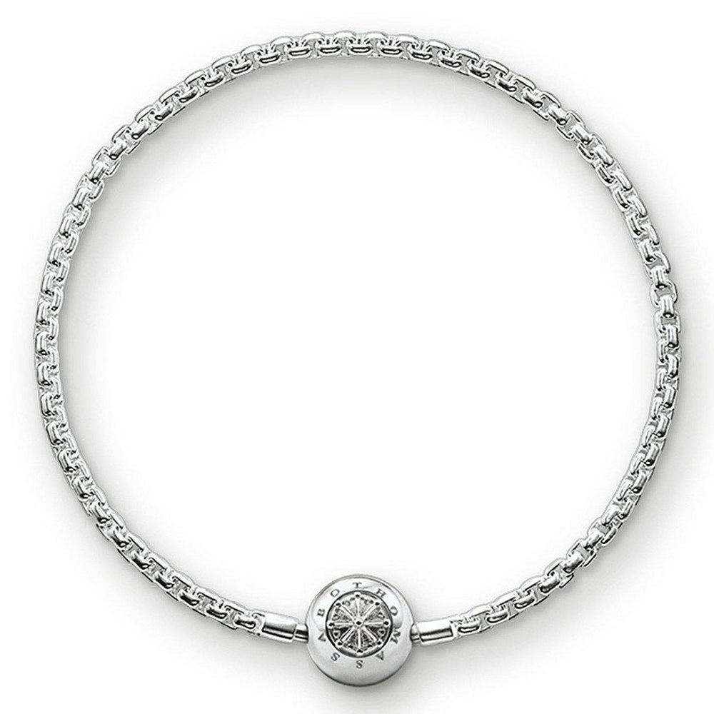 Silver Karma bracelet with box chain and decorative clasp.

