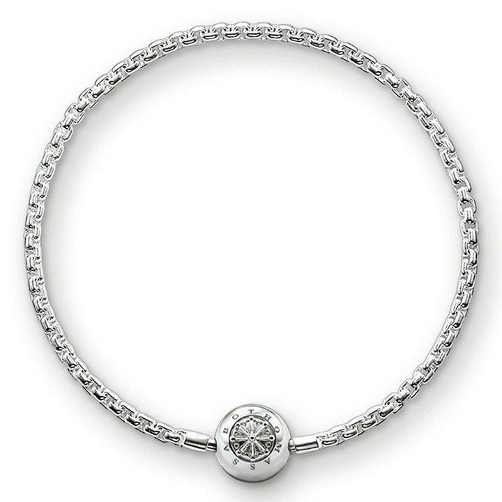 Silver Karma bracelet with box chain and decorative clasp.
