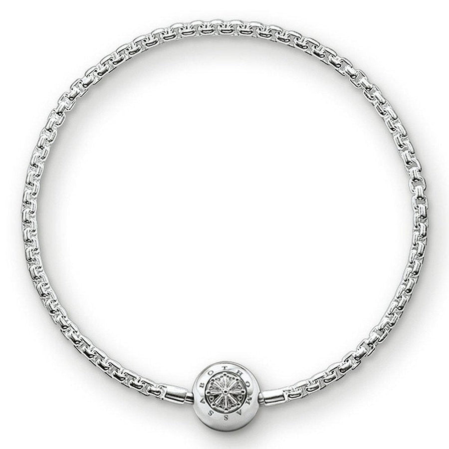 Silver Karma bracelet with box chain and decorative clasp.
