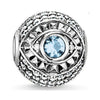 Silver Karma Nazar Eye bead with light blue crystal, detailed design.
