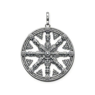 Karma Wheel pendant, silver, intricate detailing, circular design
