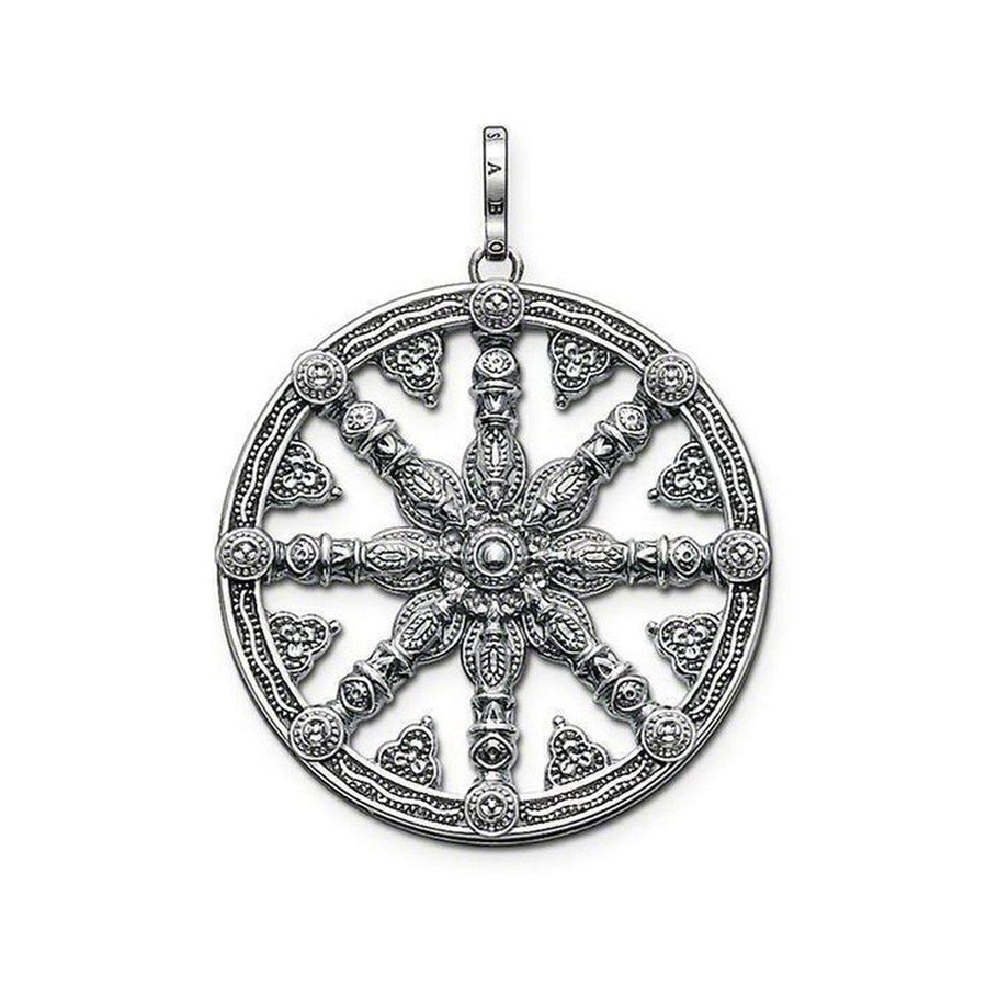Karma Wheel pendant, silver, intricate detailing, circular design
