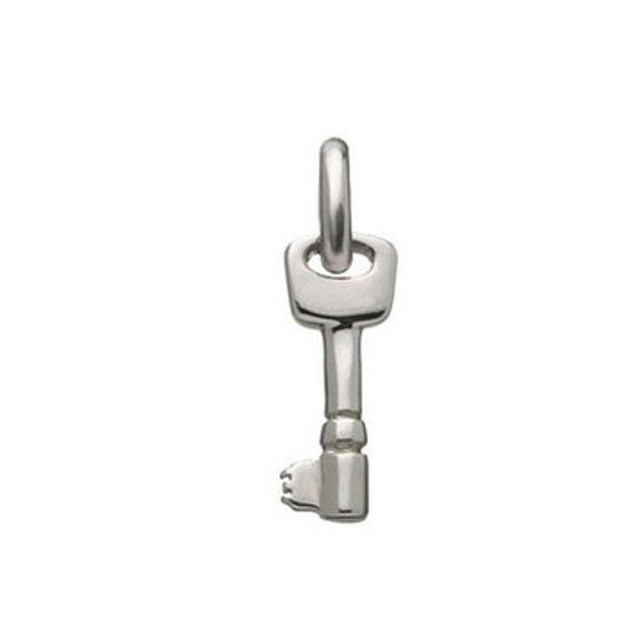 Silver key charm pendant, minimalist design.
