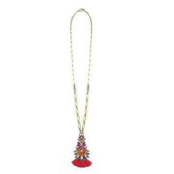 Gold chain necklace with colorful floral pendant and red tassel.
