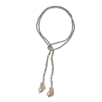 Klara Pearl Lariat necklace: Grey crystal beaded lariat with gold accents and baroque pearls.
