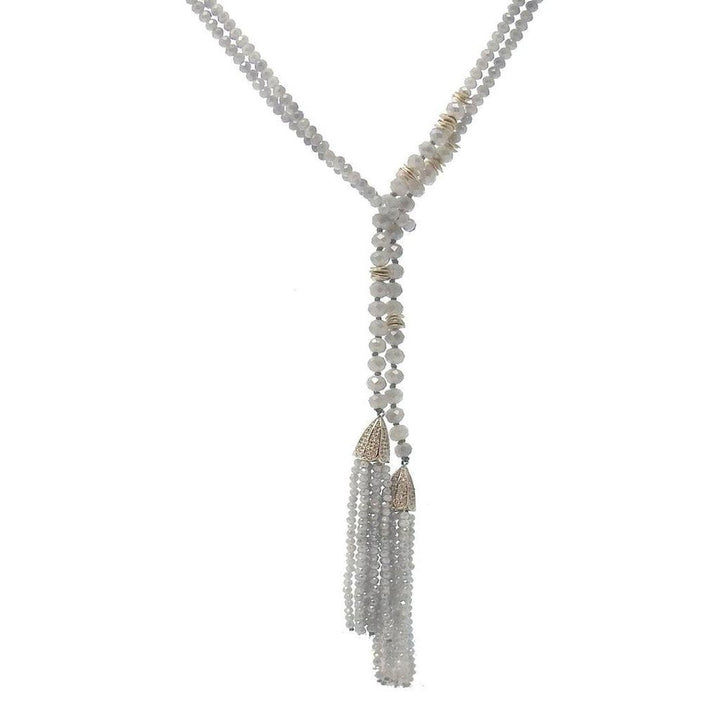 Klara gray crystal beaded tassel necklace with gold accents

