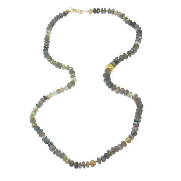 Grey and green gemstone beaded necklace with gold accents.

