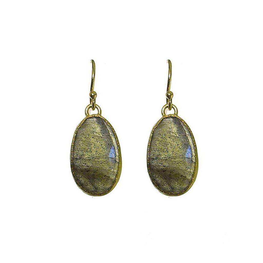 Labradorite earrings with 18k gold settings; oval-shaped stones.
