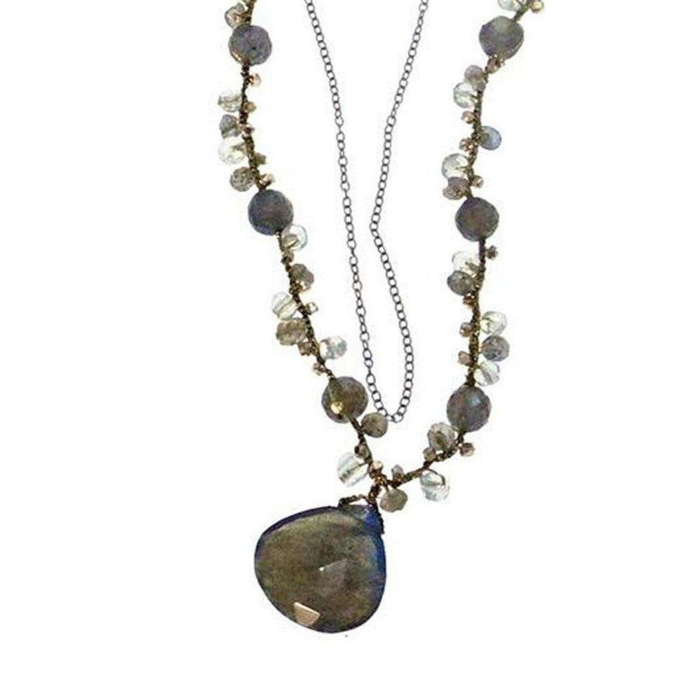 Labradorite gemstone necklace with multi-stone accents and silver chain.
