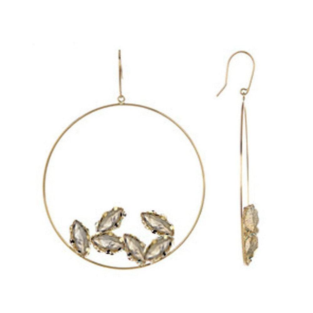 Labradorite Ultra Eclipse gold hoop earrings with shimmering grey labradorite accents.
