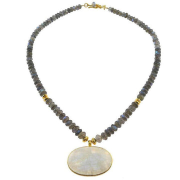Elegant moonstone pendant necklace with labradorite beads and gold accents.
