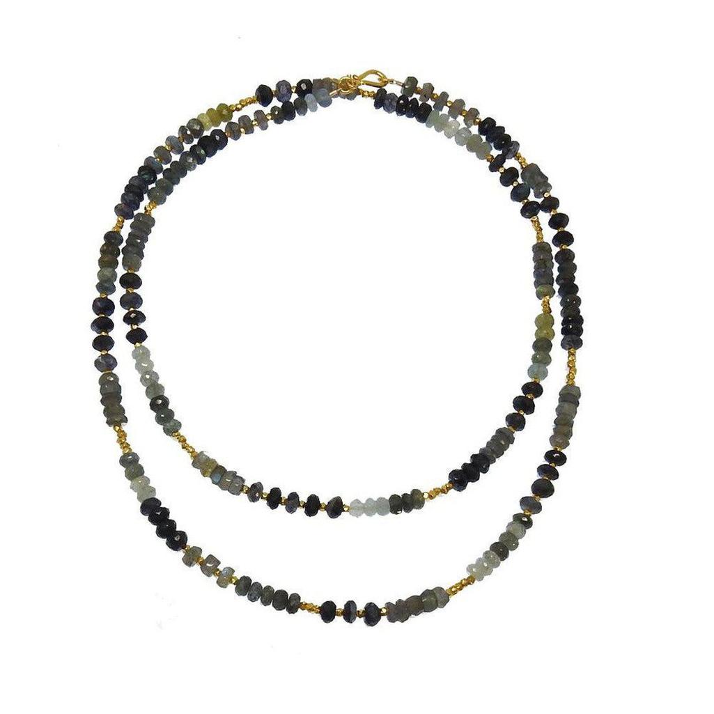 Double-strand necklace featuring labradorite and moss aqua gemstone beads with gold spacers.

