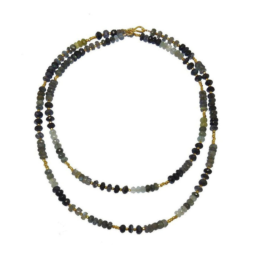 Double-strand necklace featuring labradorite and moss aqua gemstone beads with gold spacers.
