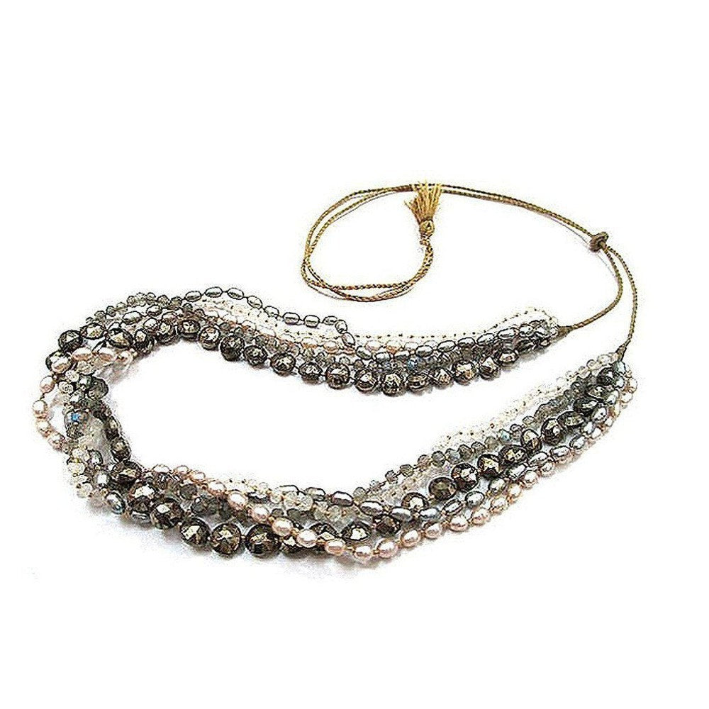 Labradorite and Pyrite multi-strand necklace with pearl accents, adjustable cord.
