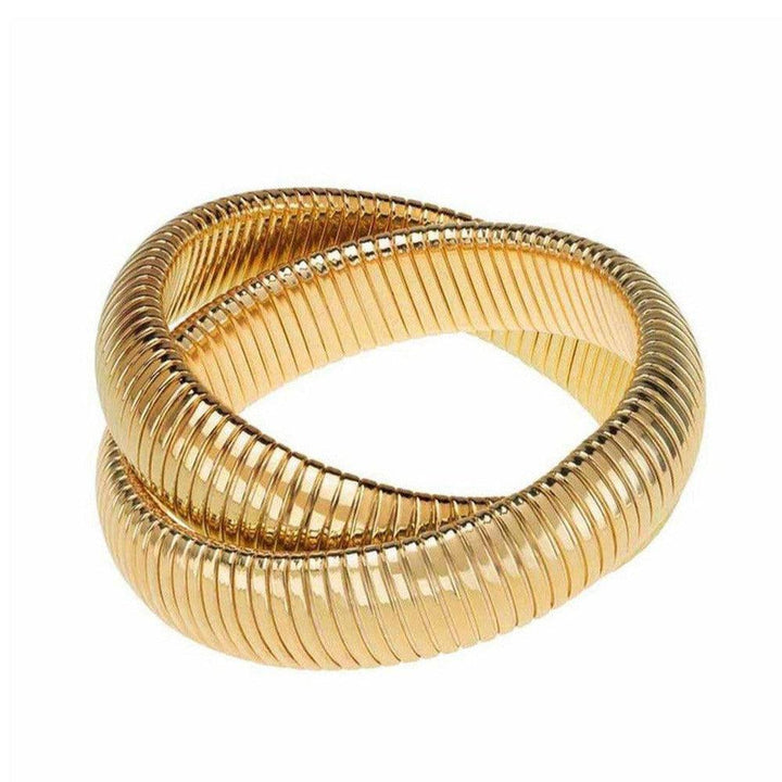 Gold double cobra bracelet, large size, ribbed texture
