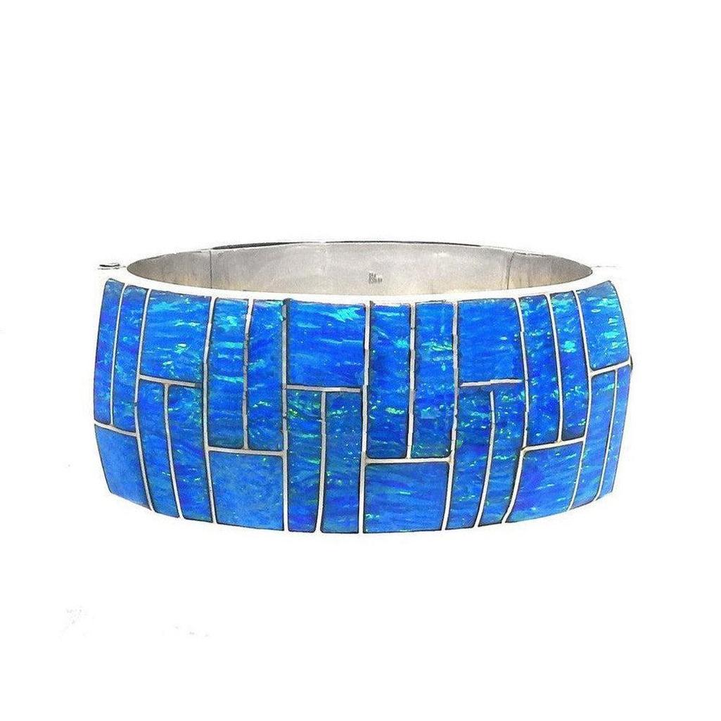 Large blue opal inlaid sterling silver bracelet
