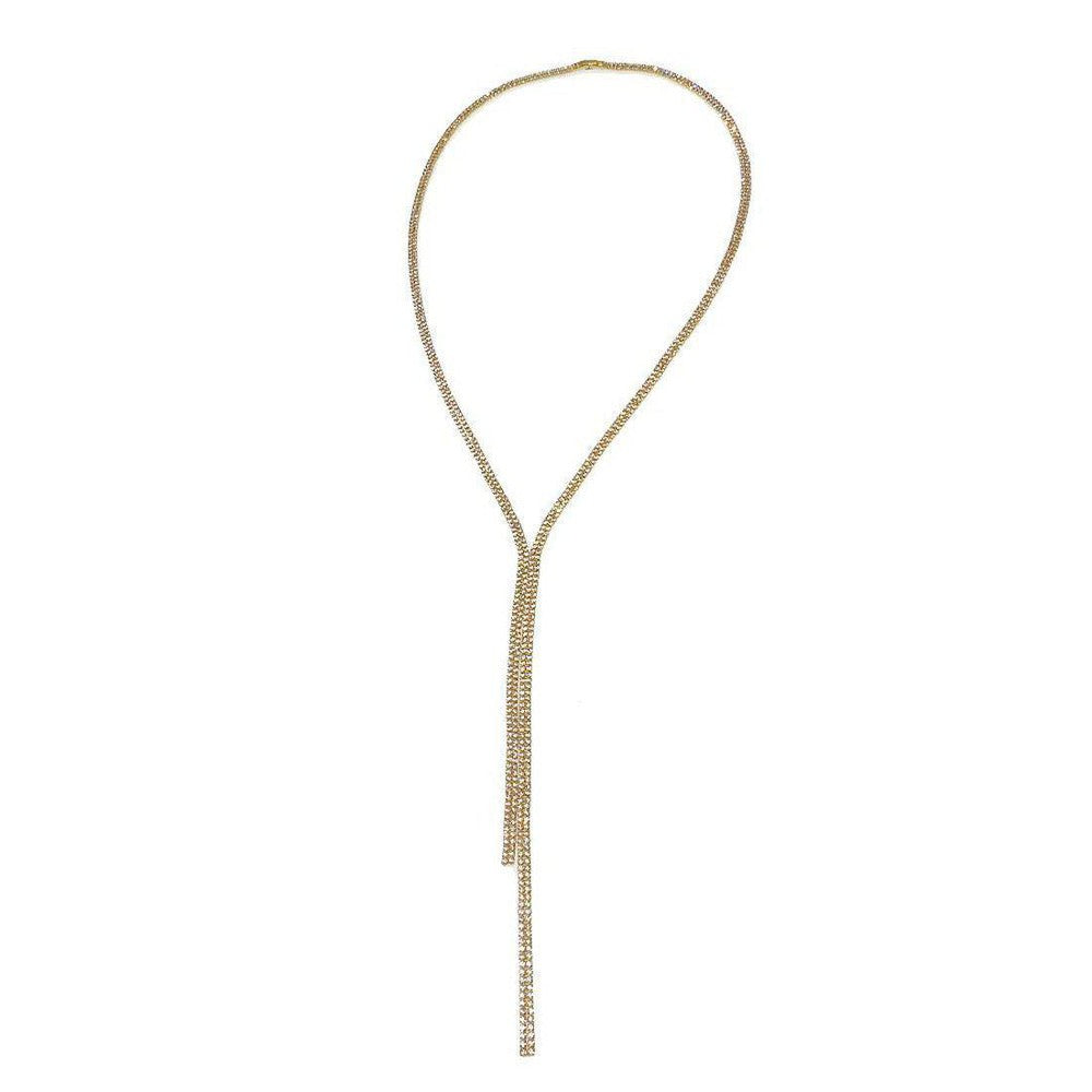 Gold crystal lariat necklace with Y-shaped design.
