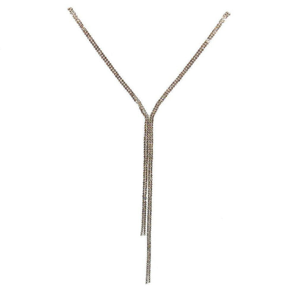 Silver lariat necklace with pave detailing, featuring a long, multi-strand design.
