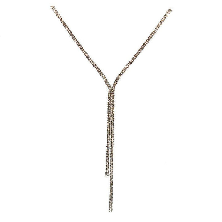 Silver lariat necklace with pave detailing, featuring a long, multi-strand design.
