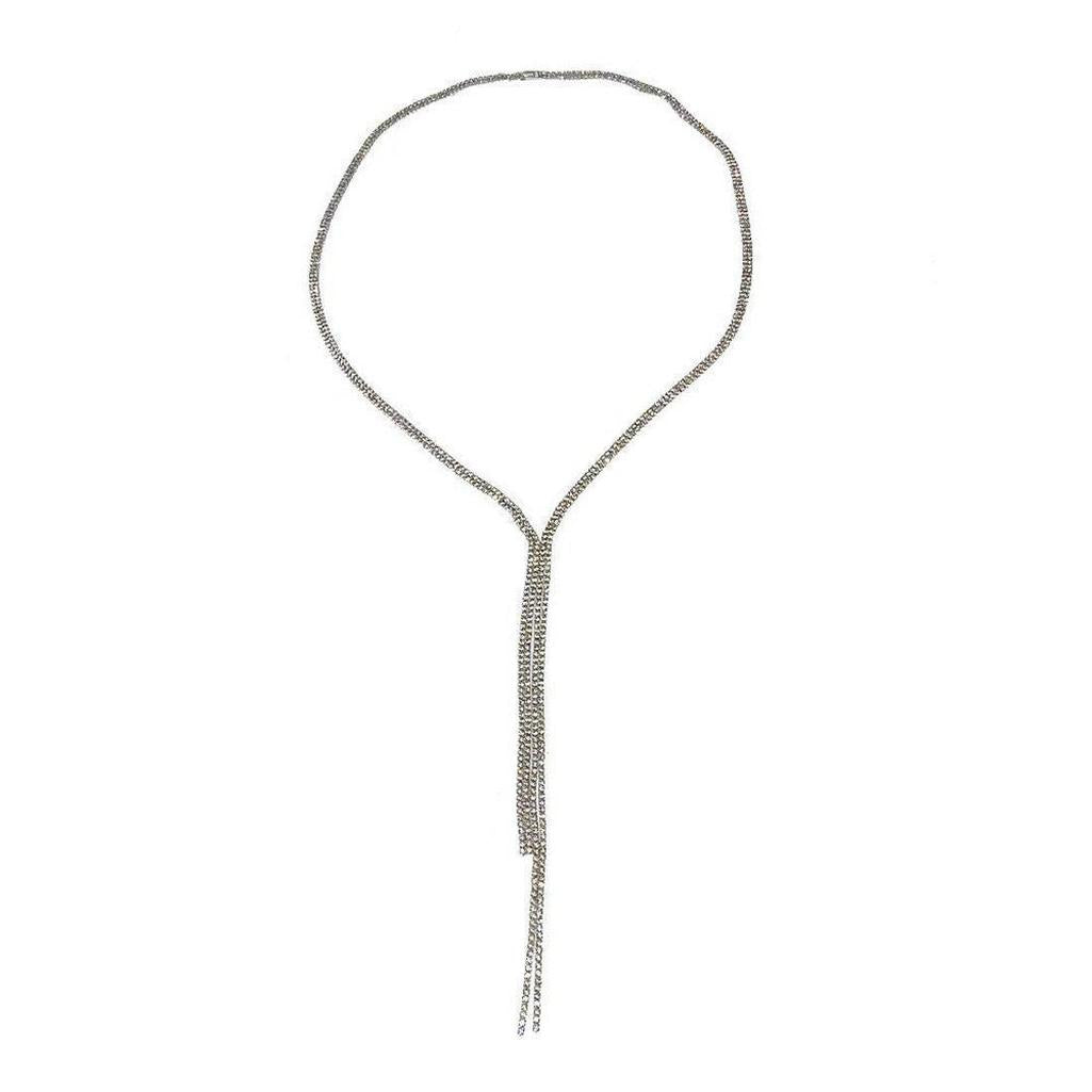Silver Lariat Pave Necklace, sparkling crystal accents, elegant Y-shaped design.
