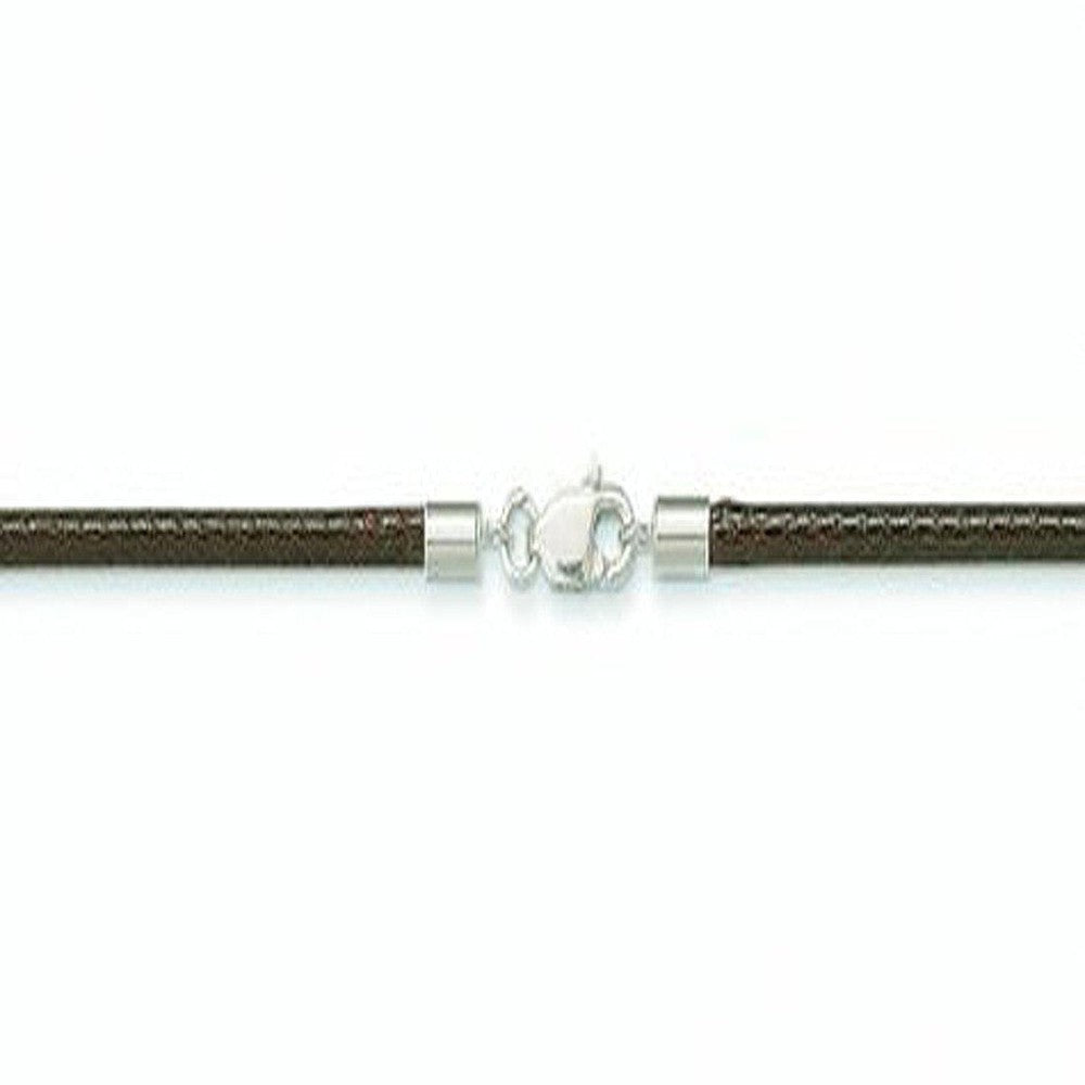 Brown leather cord necklace with silver clasp.
