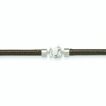 Brown leather cord necklace with silver clasp.

