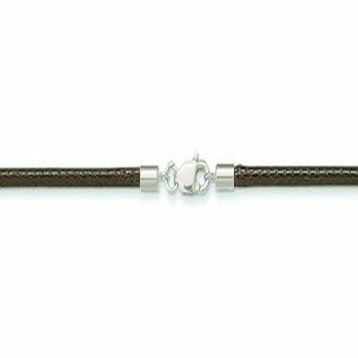 Brown leather cord necklace with silver clasp.
