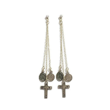 Gold chain earrings featuring cross and medal charms.
