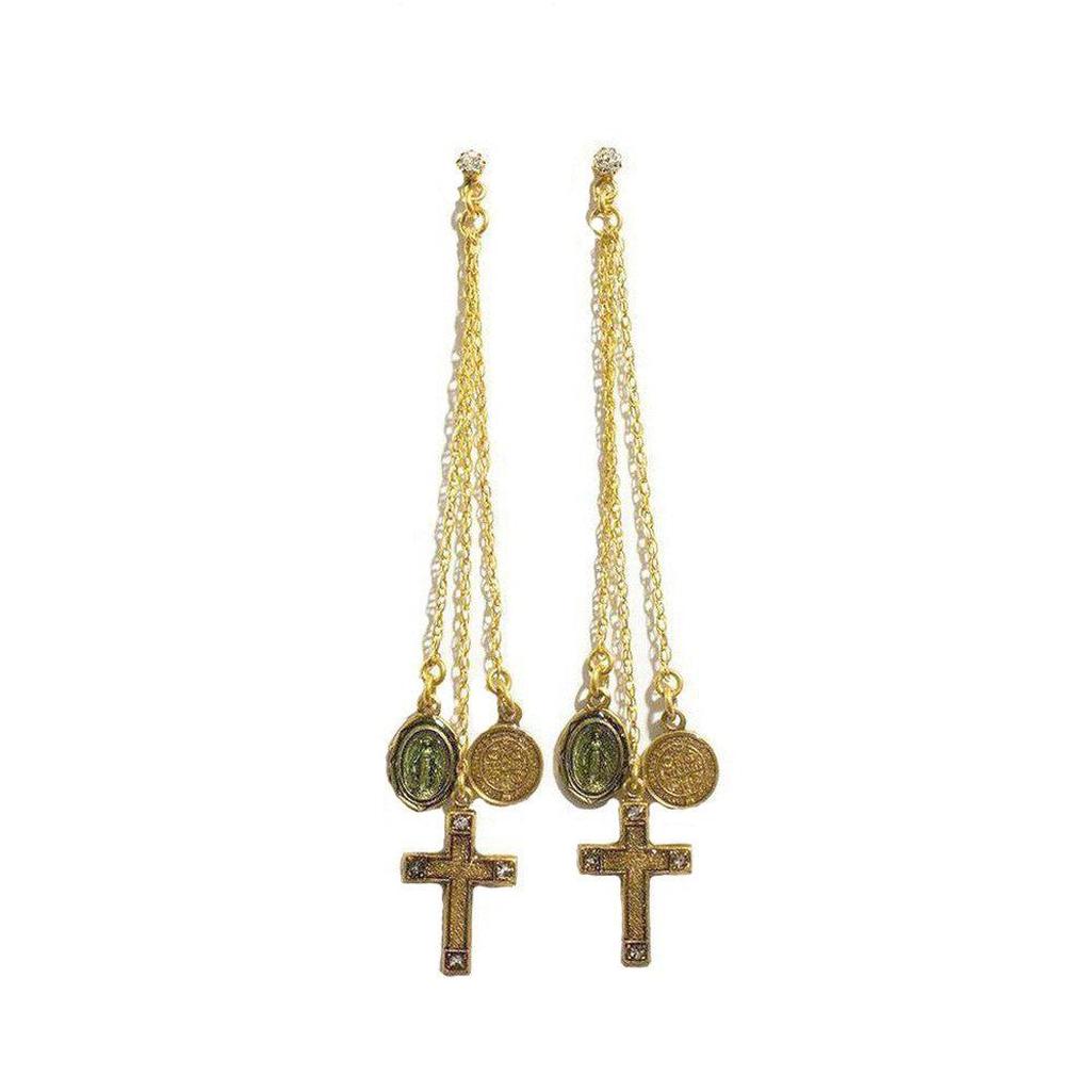Gold Les Celeste chain earrings with cross and medal charms.
