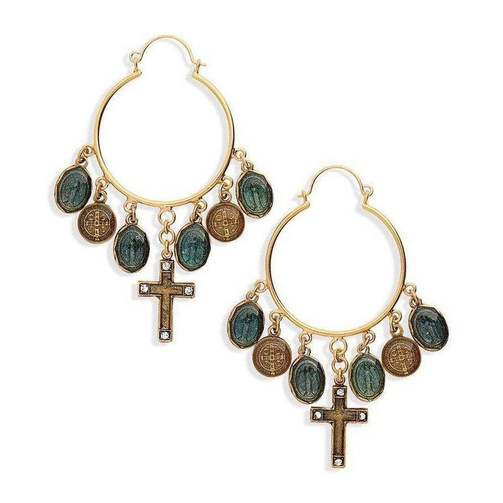 Les Celeste gold hoop earrings with teardrop charms and cross accents.
