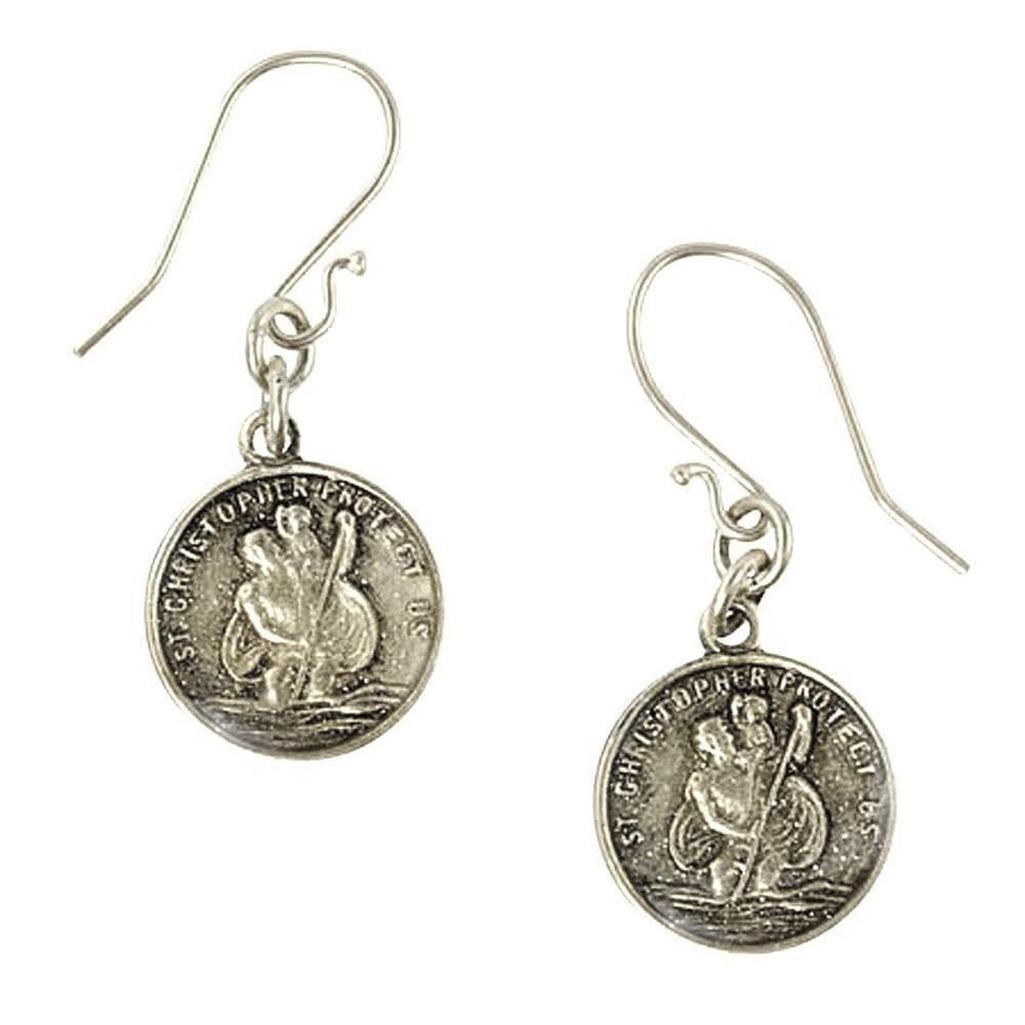 Les Celeste St. Christopher earrings: silver tone, round St. Christopher medallions.
