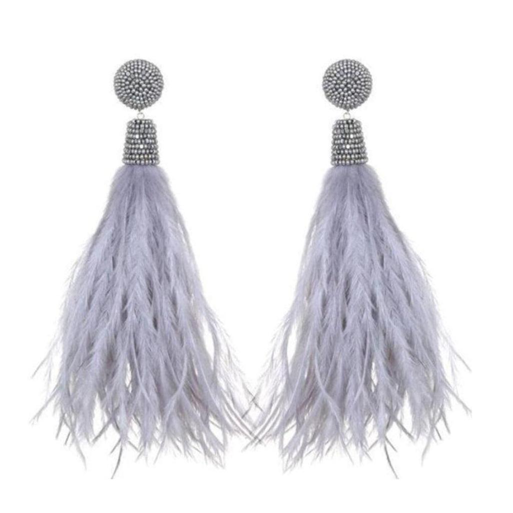 Light gray feather earrings with crystal accents for a glamorous look.
