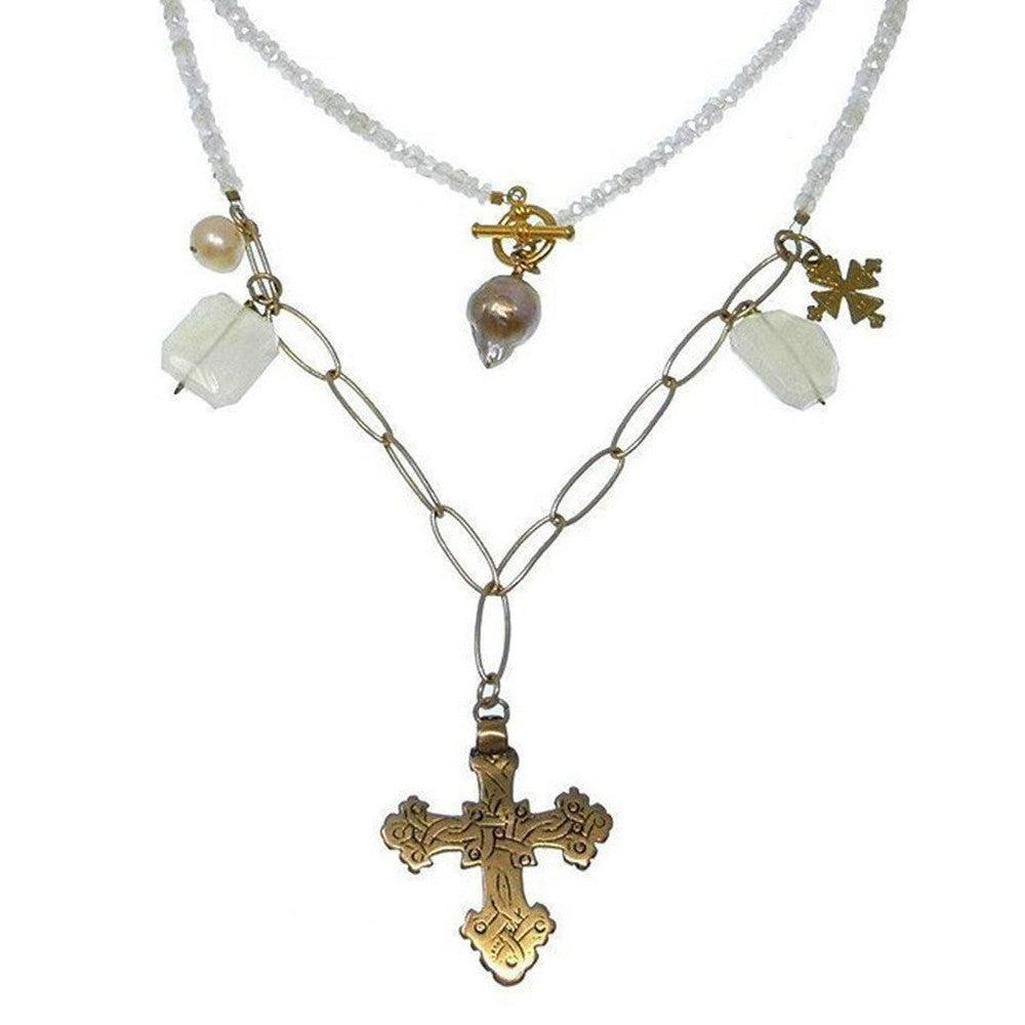Long Ethnic Czech necklace with gold cross, pearls, and white beads.
